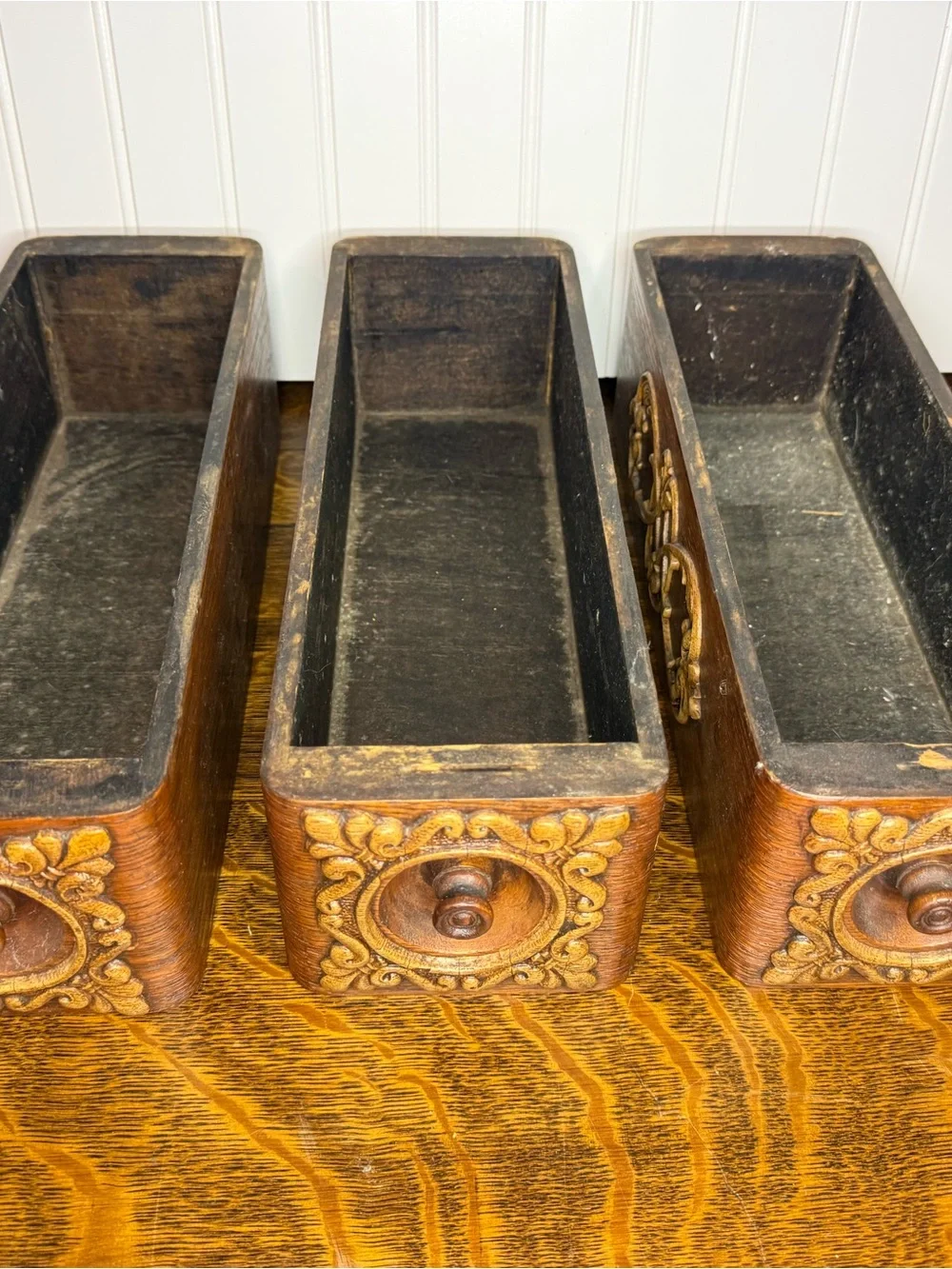 Antique Sewing Machine Drawer Cabinet: Carved Wooden Display Boxes, Ornate